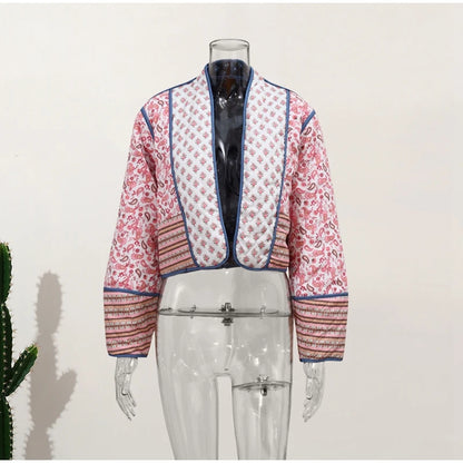 HH Floral Print Jacket For Women Autumn Quilted Reversible Cotton Coat Cardigan Long Sleeve Jackets Elegant Woman Streetwear