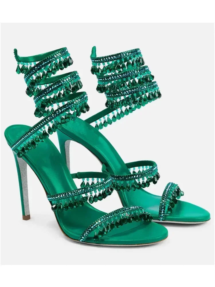 2024Women's New Water Diamond Sandals Fashion Tassel Crystal Shoes Sexy Banquet Party Twin Stiletto Women's Large Sandals