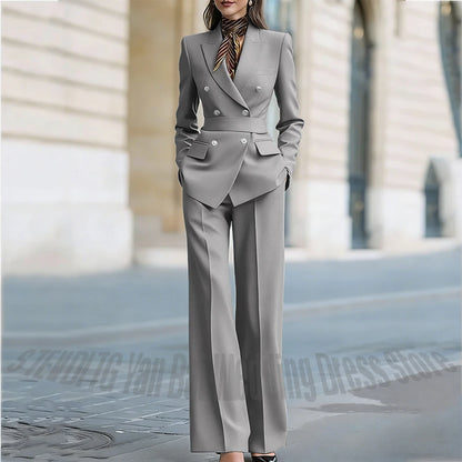 Customized Straight Women's Suits Two Pieces Classic Double Breasted Solid Color High Street Business Casual Office Suit Set