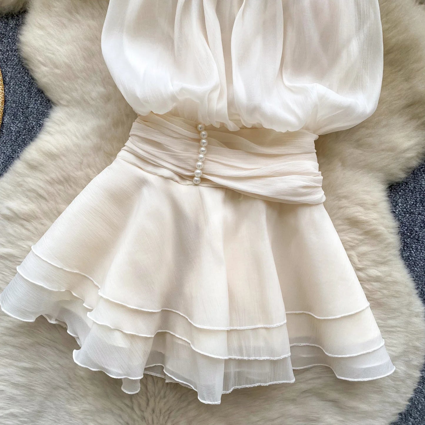 SINGREINY Strap Chiffon Mini Dress Female Pearl Halter Sleeveless Backless Sexy Design Fairycore Vacation Summer Ruffles Dress