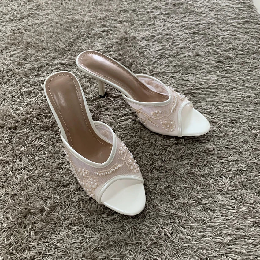 2026 String Bead Mesh Embroider Slingback High Heels Women Sexy Peep Toe Heeled Sandals Summer Elegant Luxury Designer Shoes