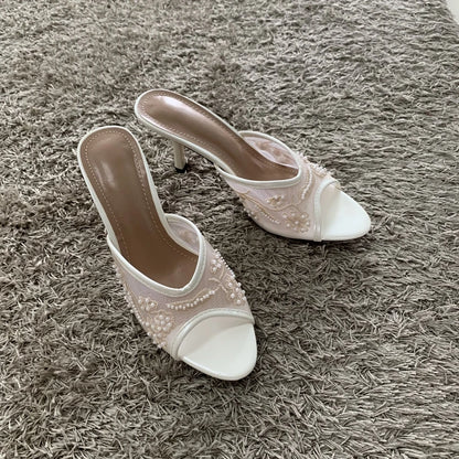 2026 String Bead Mesh Embroider Slingback High Heels Women Sexy Peep Toe Heeled Sandals Summer Elegant Luxury Designer Shoes