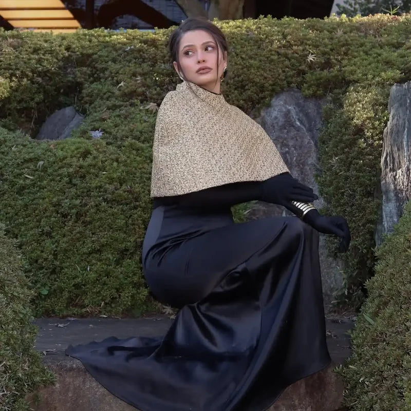 Women Elegant Gold Sparkle Capelet Top Shiny Tweed Shoulder Wrap Turtleneck Short Cloak New Lady Evening Club Party Tops 2026