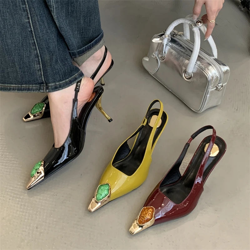 Eilyken Street Style Design Inlay Diamonds Woman Pumps Sandals Elegant Sexy Thin Heels Pointed Toe Banquet Prom Slingbacks Shoes