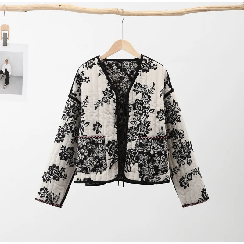 HH Floral Print Jacket For Women Autumn Quilted Reversible Cotton Coat Cardigan Long Sleeve Jackets Elegant Woman Streetwear