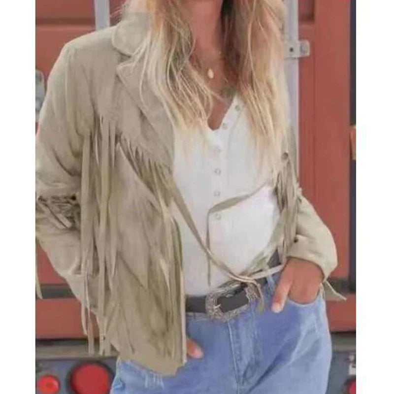 Women's Casual Fringe Cropped Jacket Western Boho Vintage Long Sleeve Zip Up Trendy Autumn Outerwear