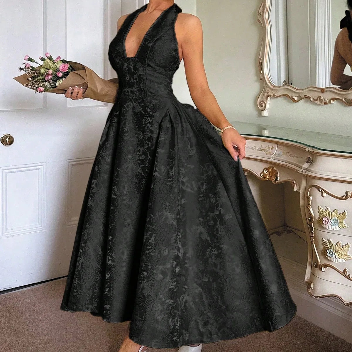 Evening Party Dresses Women Summer Sexy Bow Halter Long Dress Elegant Jacquard Lace Up Backless Birthday Robe