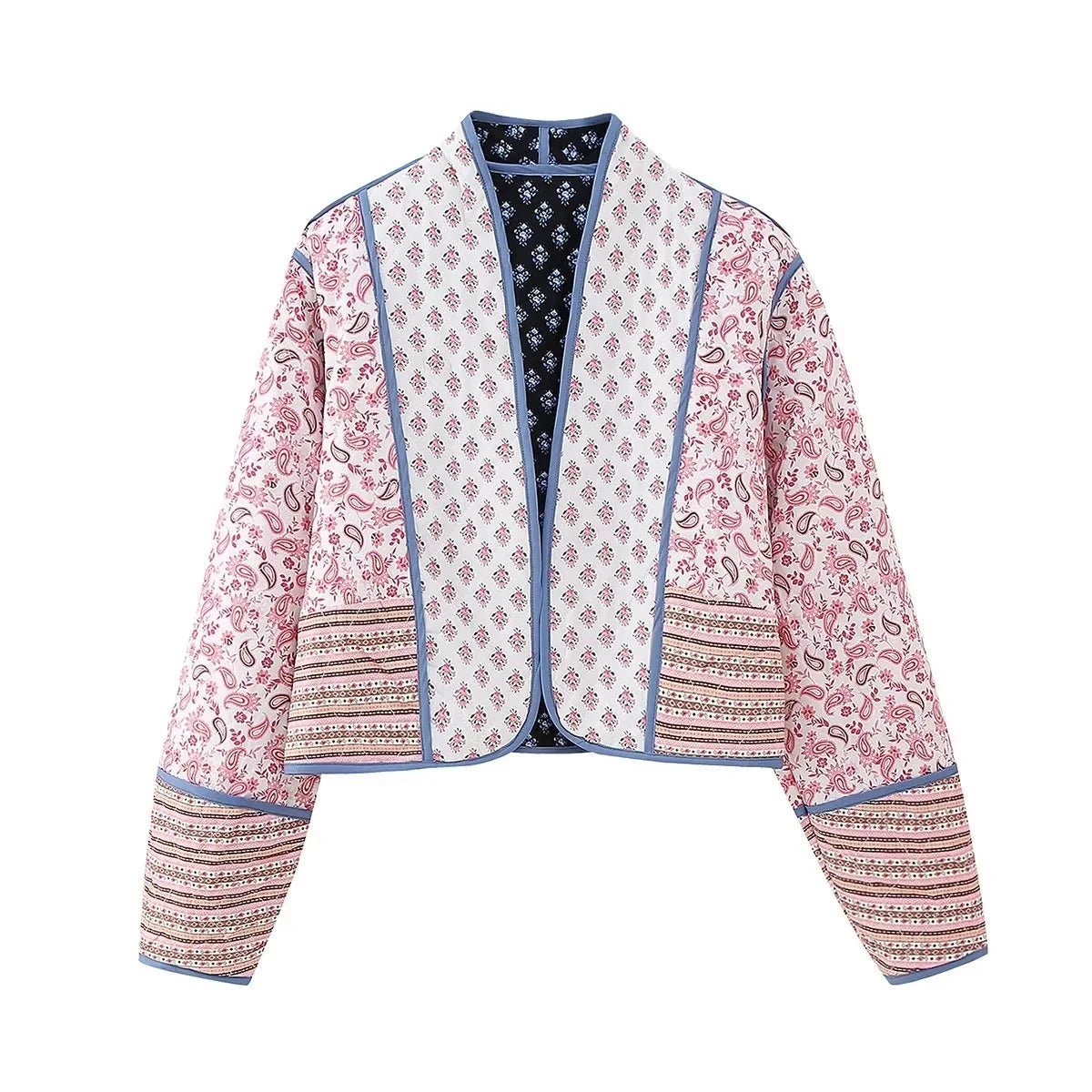 HH Floral Print Jacket For Women Autumn Quilted Reversible Cotton Coat Cardigan Long Sleeve Jackets Elegant Woman Streetwear