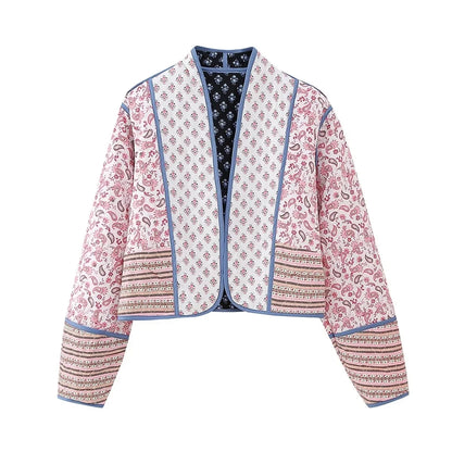 HH Floral Print Jacket For Women Autumn Quilted Reversible Cotton Coat Cardigan Long Sleeve Jackets Elegant Woman Streetwear