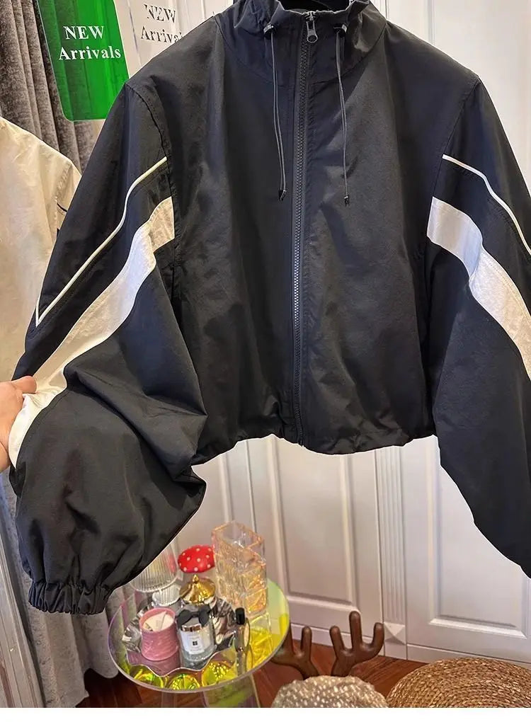 American retro drawstring black and white contrast stitching coat women's autumn new loose leisure sports baseball uniform