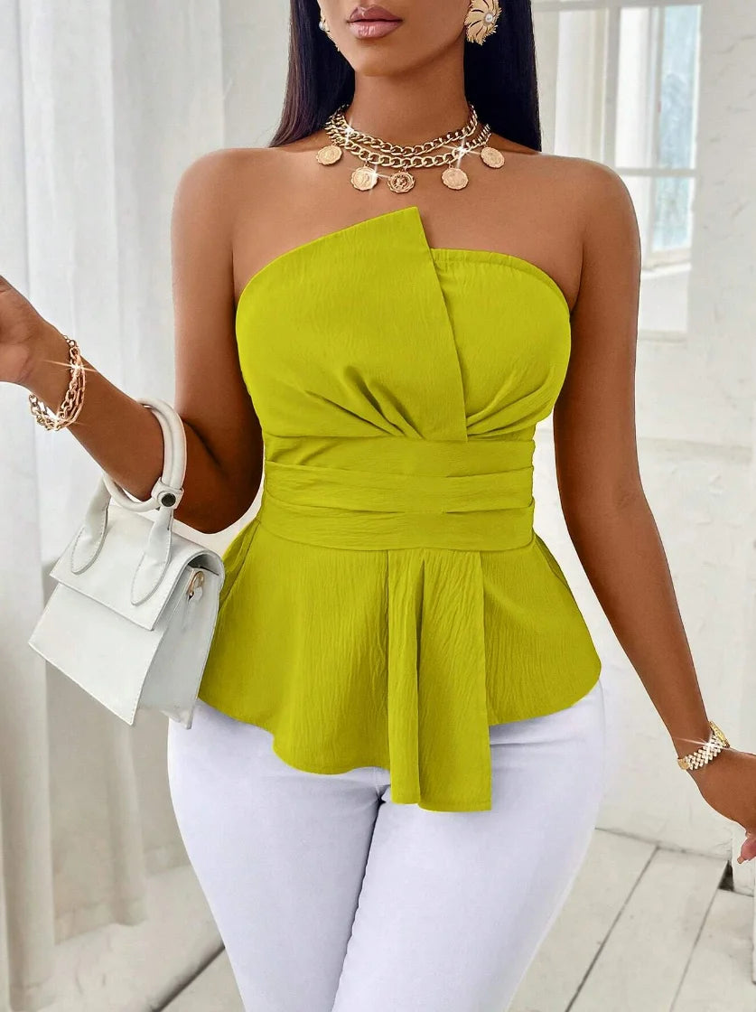 [Elegant] Peplum Strapless Top, Belted Wrap Waist Blouse for Vacation & Commute