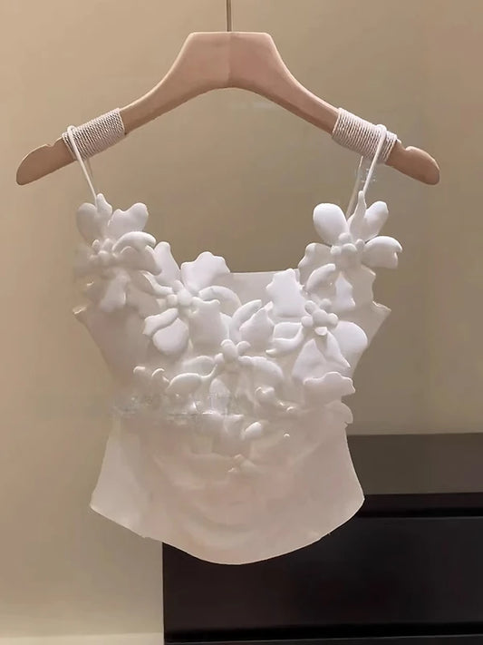 Summer New Style Women's White Strap Vest Gentle Wind 3D Flower Decoration Slim Fit Inner Wear Folded Design Outerwear Top