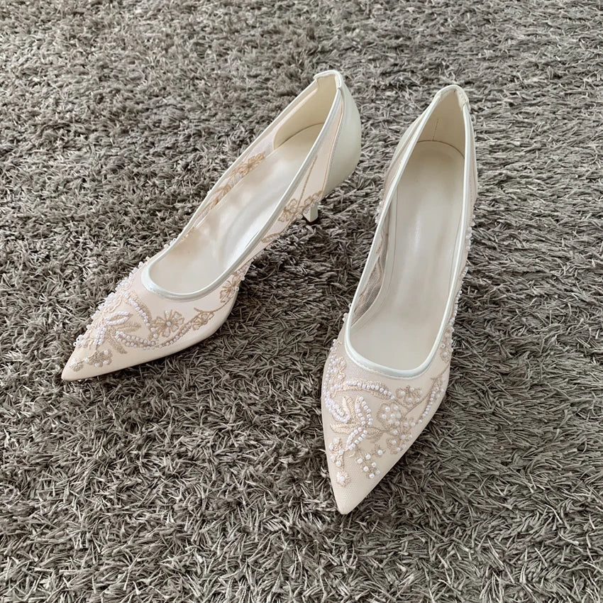 String Bead Mesh Embroider High Heels Women Sexy Pointed Toe Heeled Sandals Summer Elegant Luxury Designer Wedding Pumps Shoes