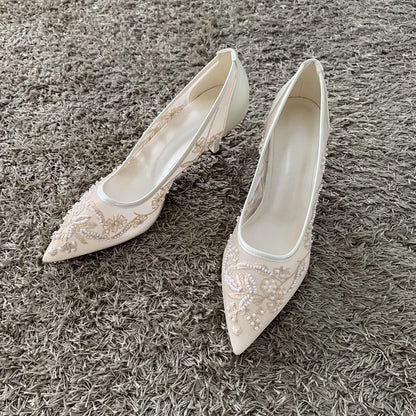 String Bead Mesh Embroider High Heels Women Sexy Pointed Toe Heeled Sandals Summer Elegant Luxury Designer Wedding Pumps Shoes