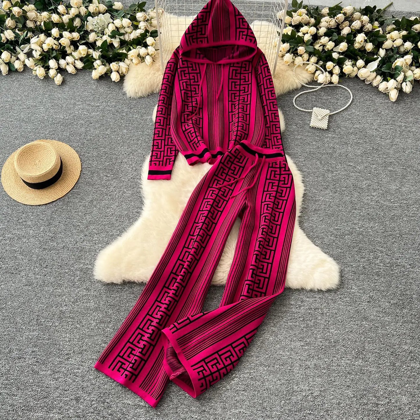 Autumn Pant Set Women Two Piece Sets Hooded Matching Sets Tops Wide Leg Long Pants High Waist Y2k Streetwear Work Print 2025