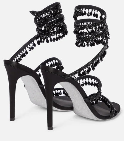 2024Women's New Water Diamond Sandals Fashion Tassel Crystal Shoes Sexy Banquet Party Twin Stiletto Women's Large Sandals