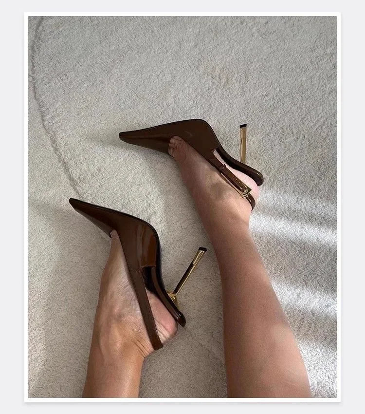 Black Pointed Toe High Heels Thin Heel Metal Cap Sandals Women's Shoes Elegant Painted Leather Sexy Fine Heel New 2025
