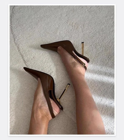 Black Pointed Toe High Heels Thin Heel Metal Cap Sandals Women's Shoes Elegant Painted Leather Sexy Fine Heel New 2025