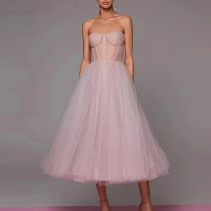 Elegance Lace Design Elegant Cocktail Party Vestidos Slim Wasit Sleeveless Tiered Pleated Midi Length Evening Formal Prom Dress