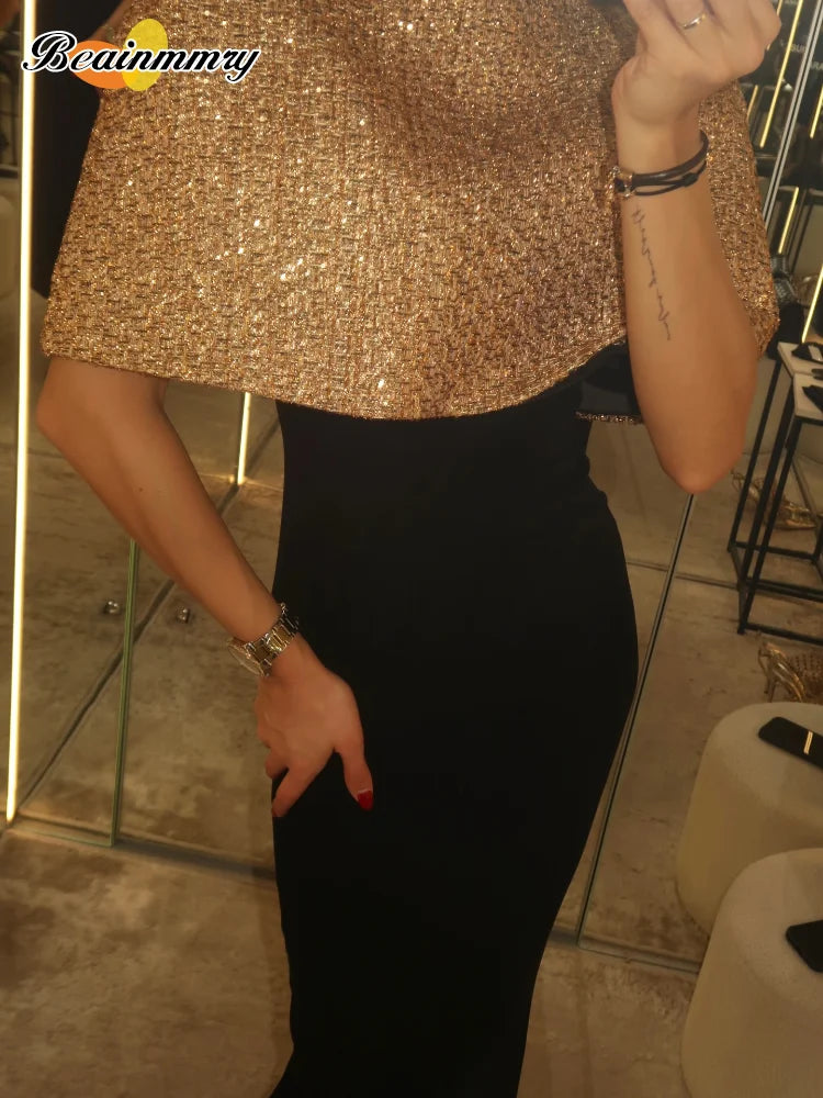 Women Elegant Gold Sparkle Capelet Top Shiny Tweed Shoulder Wrap Turtleneck Short Cloak New Lady Evening Club Party Tops 2026