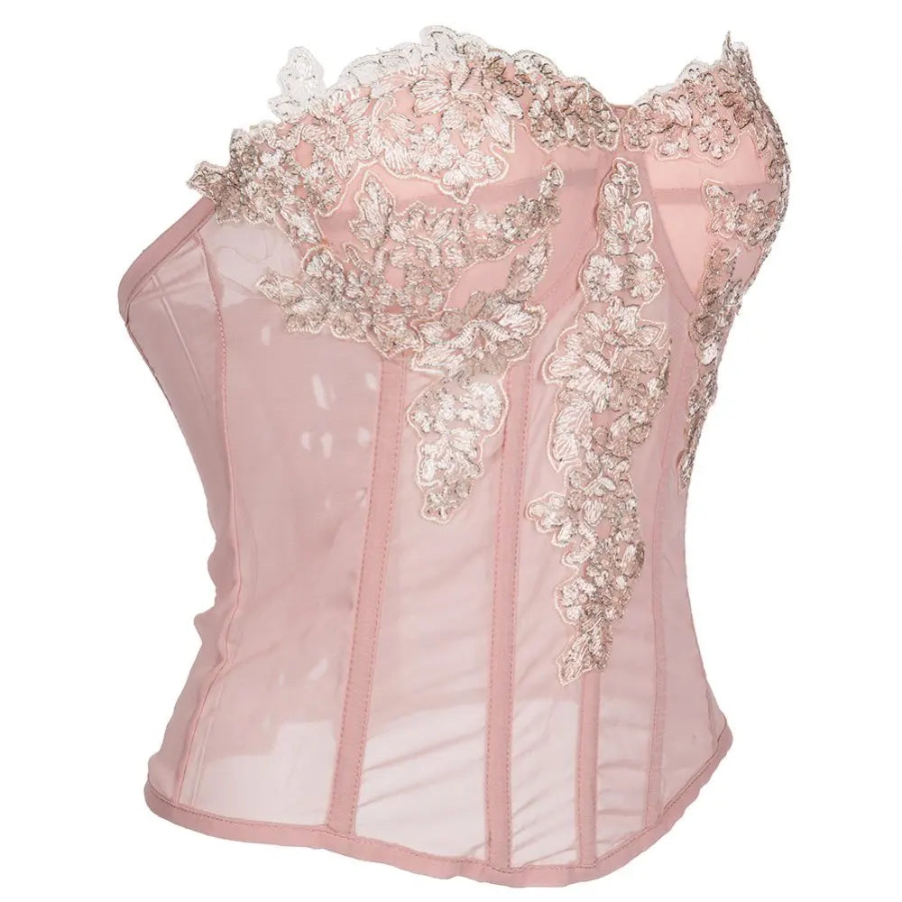 Pink Transparent Mesh With Floral Appliques Overbust Gothic Corset Top Woman Push Up Bustier Lingerie Sexy Hot Corsetto Donna