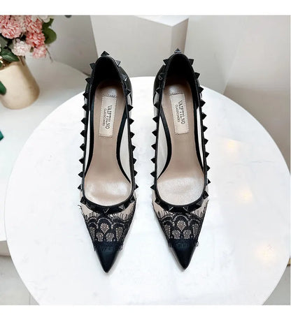 V-Home Mandarin Orange High Heels Lace Mesh Rivet Pointed Toe Versatile Single Shoes Women Summer Fashionable Elegant