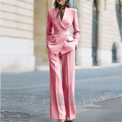 Customized Straight Women's Suits Two Pieces Classic Double Breasted Solid Color High Street Business Casual Office Suit Set
