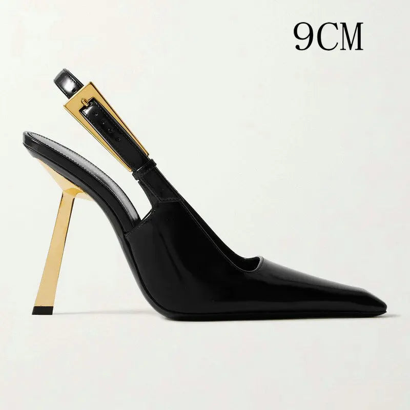 2025 Spring And Summer New Black Patent Leather High Heels Women Slim Heel Shoes Temperament Minority Pointed Sandals