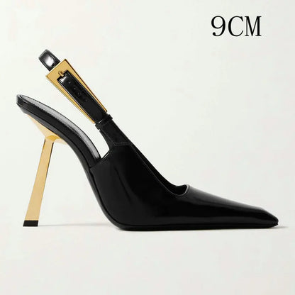 2025 Spring And Summer New Black Patent Leather High Heels Women Slim Heel Shoes Temperament Minority Pointed Sandals