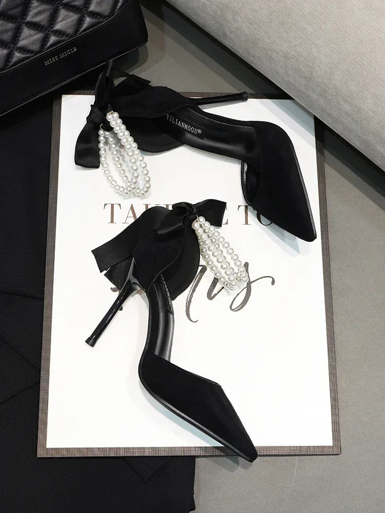 Comemore 2025 Summer  Bow Black High Heel Sandals Lace-up Solid Ladies Shoes Fashion Thin Heels Buckle Women's Sandals banquet