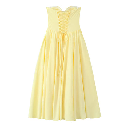 3 colors Sexy Wire Chest Boning Slim Waist Long Strapless Dress Women Cross Lacing up Back Ruched Hem Swing Party Vestido Yellow