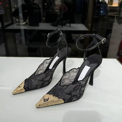 2026 Fashion Lace Sequin Hollow Out Mesh Women Pumps Sexy Pointed Toe Designer Low Heels Slingback Sandals Ladies Shoes