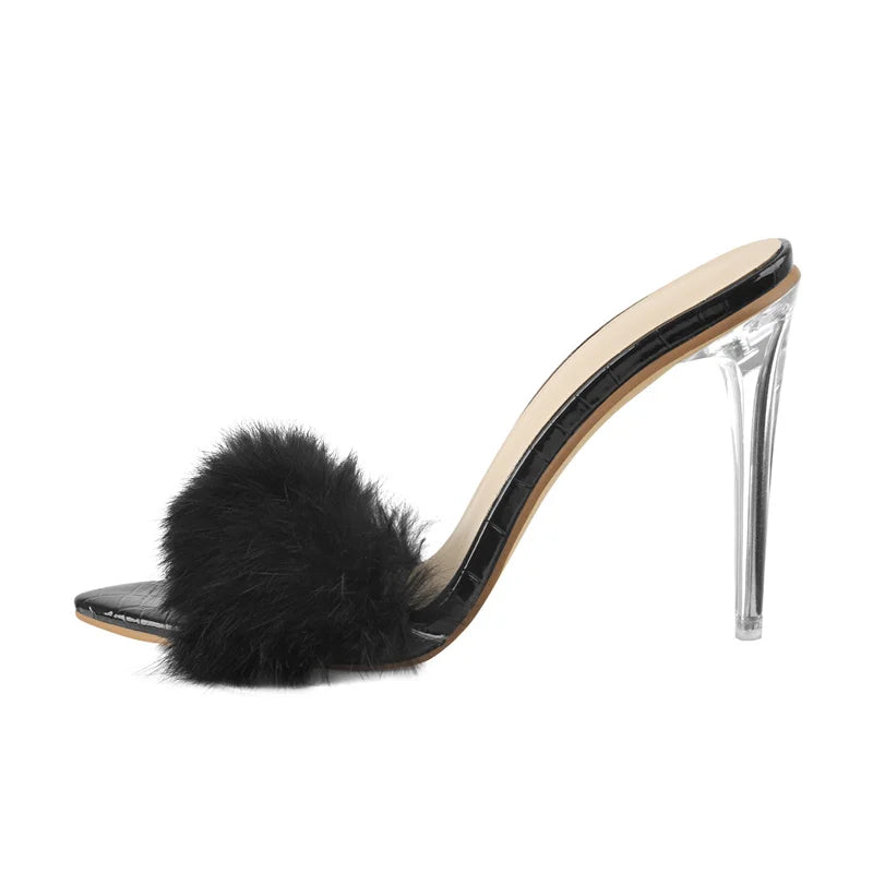 Onlymaker Women Peep Toe Mules Artificial Fur Slip On Gold White Thin High Sandals Big Size High Quality Summer Brand Heels