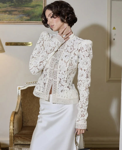Tossy Summer Lace Printed Shirts Tops Female Hollow Out Fashion Commute Vintage See-Through Blouse Women's Lace Shrug Shirts New