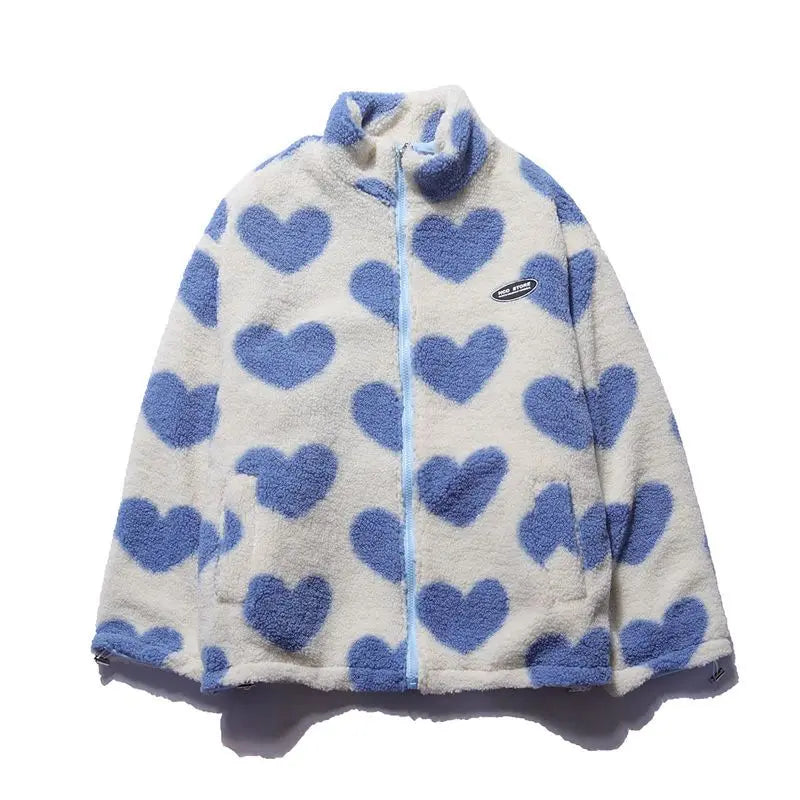 Double-Sided Wear Thickened Lamb Fur Heart Pattern Cotton Jacket Couple's Two-Way Wear Casual Warm Zipper Closure Long Sleeve...