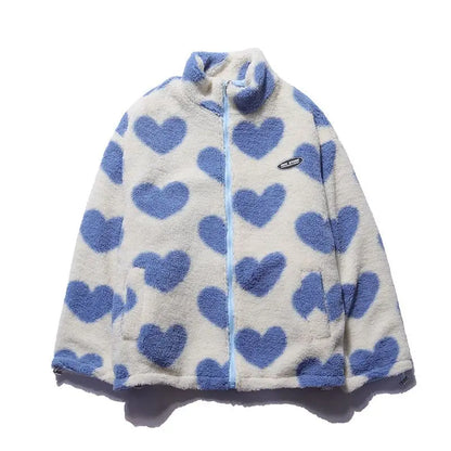 Double-Sided Wear Thickened Lamb Fur Heart Pattern Cotton Jacket Couple's Two-Way Wear Casual Warm Zipper Closure Long Sleeve...