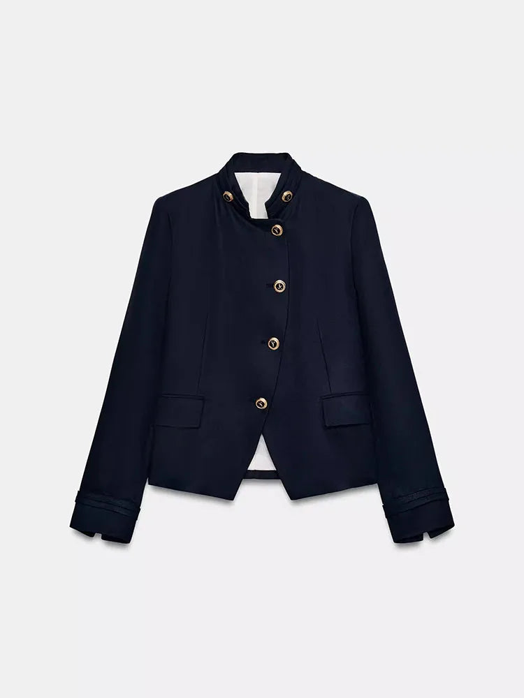 Spring New Arrival Women's Slim Fit Long Sleeve Stand Collar Jacket Gold Button Casual Style Standard Version Outerwear