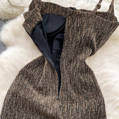 Sexy sleeveless glitter Backless Off Shoulder Fashion Birthday Party Evening Vestido Women Goth Slim Summer Hip Wrap Dress