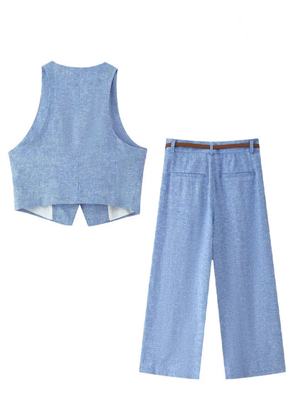 HH Women Elegant Flax 2-piece Suit Sleeveless Button Decoration Solid Vest+Summer Pocket Loose Belt Zipper Wide Leg Pants