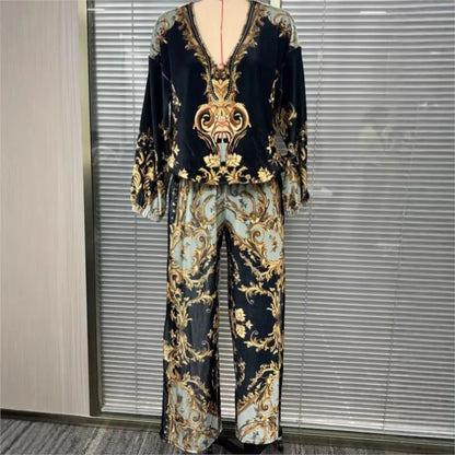 Vintage Printed Two-piece Set Women's Fashion V-neck Loose Long Sleeved Top Wide Leg Pants Suit Ladies Foreign Style Streetwear