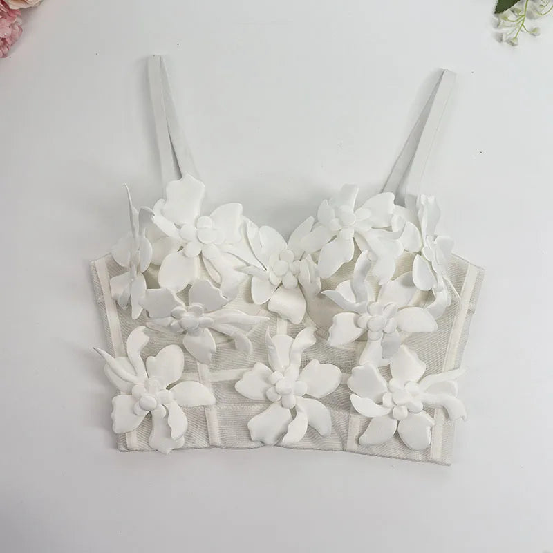 DEAT Fashion Women's 3D Flower Decoration Camisole Vest Outwear Versatile Solid Color Tank Tops Female Trendy New 11A05069
