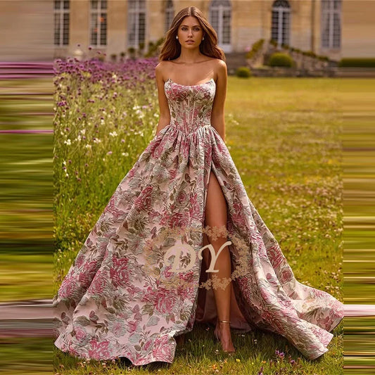 DY Elegant Pink Jacquard Strapless A-line Evening Dress Floor Length Customsied Prom Gowns Formal Occasion Vestido