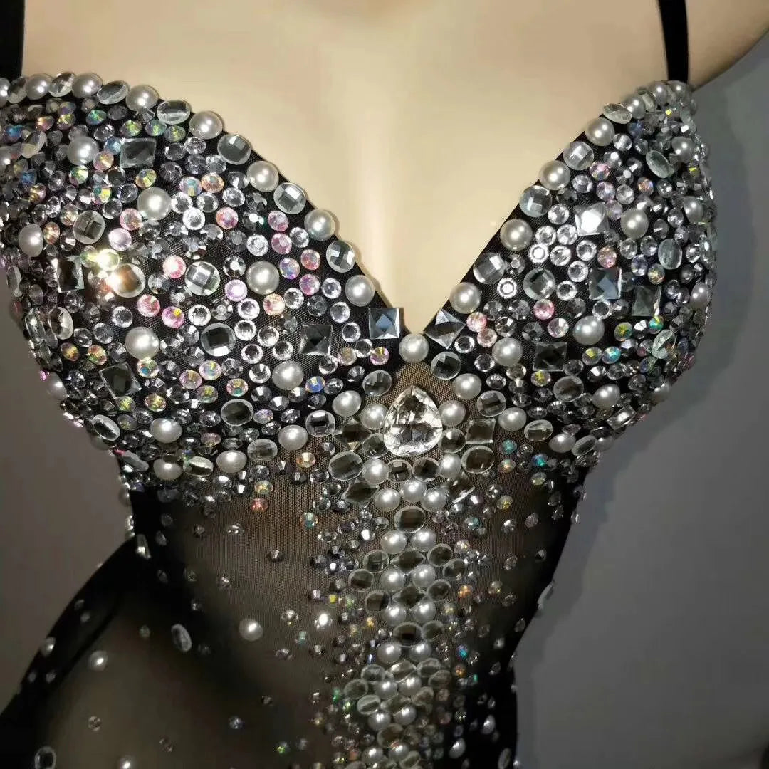 Women Sexy Pearl Strap Drag Queen Rhinestone Bodysuits Birthday Outfit Leotard Black Stage Wear 2025