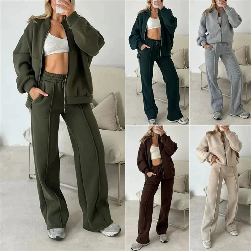 2025 Sweatshirt Two-piece Suit Women's Casual Sports Sets Autumn Winter Zip-up Short Coat Straight Trousers 2-piece Sets S-5XL