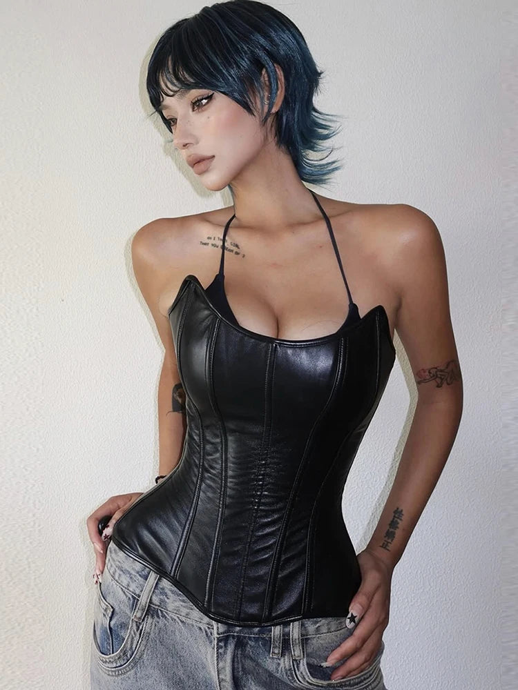 Sisterlinda Sexy Patchwork Tank Top Women Fashion Casual Faux Leather Sleeveless Irregular Hem Coquette Midnight Party Club Vest