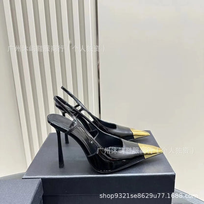 High Quality Yangshenglin Metal Head Thin Heel High Heels 2025 Hot Black Patent Leather Covering Square Head Elegant Lady Style