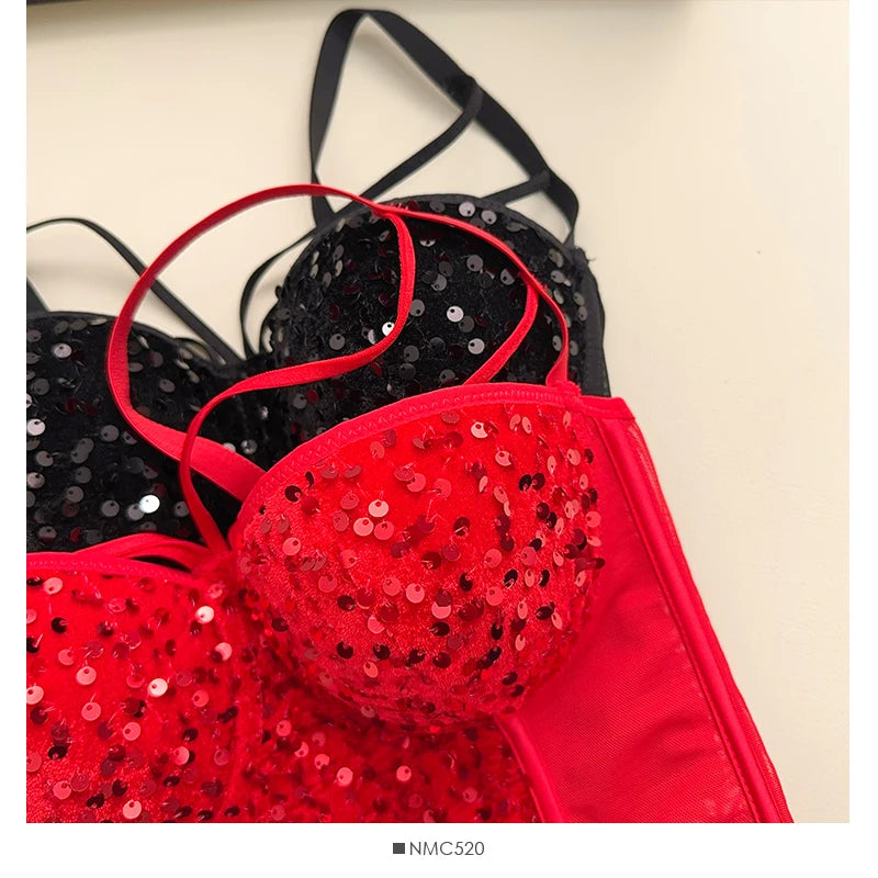 Sexy Sequins Tank Top Corset for Women Mesh Patchwork Backless Spaghetti Strap Camis Shiny Crop Tops Women's Clothing Dropship