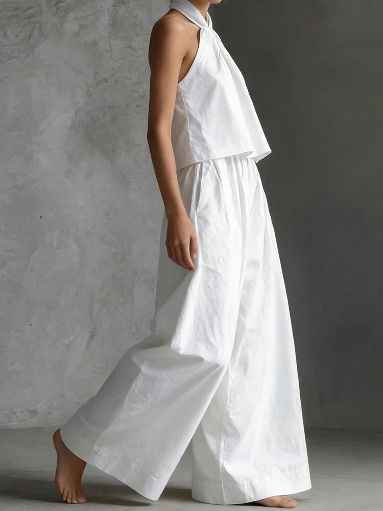 2026 Women Summer Casual Holiday Halter Sleeveless Pullover Top with Wide Leg Pants Two-Piece Set Backless Patchwork Chic Outfit