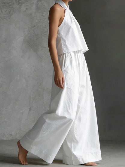 2026 Women Summer Casual Holiday Halter Sleeveless Pullover Top with Wide Leg Pants Two-Piece Set Backless Patchwork Chic Outfit