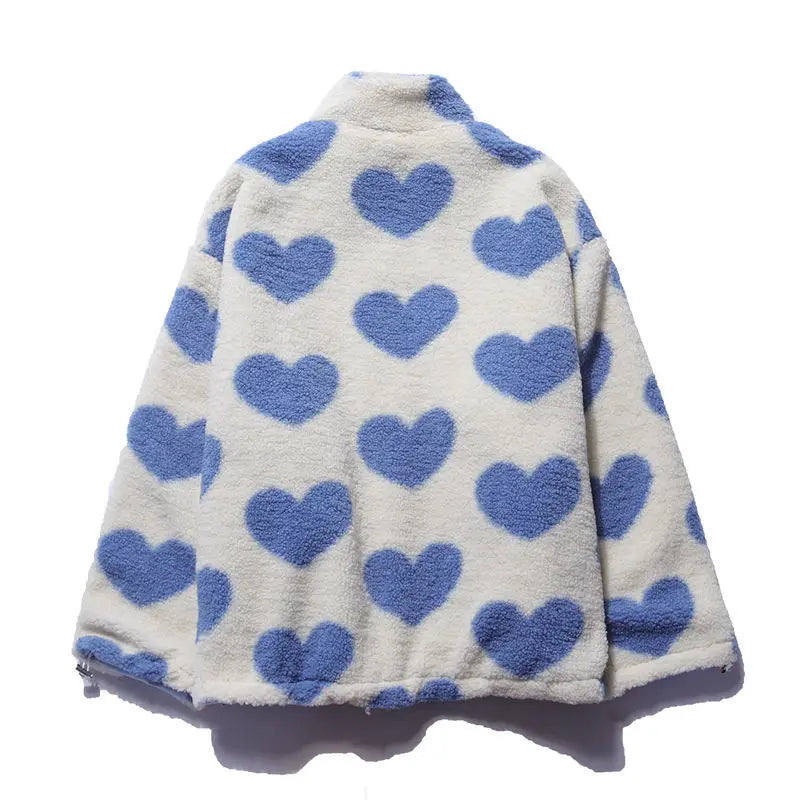 Double-Sided Wear Thickened Lamb Fur Heart Pattern Cotton Jacket Couple's Two-Way Wear Casual Warm Zipper Closure Long Sleeve...